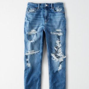 AE Stretch Curvy Mom Jean - Blues Spark Destroy - size 4 regular curvy